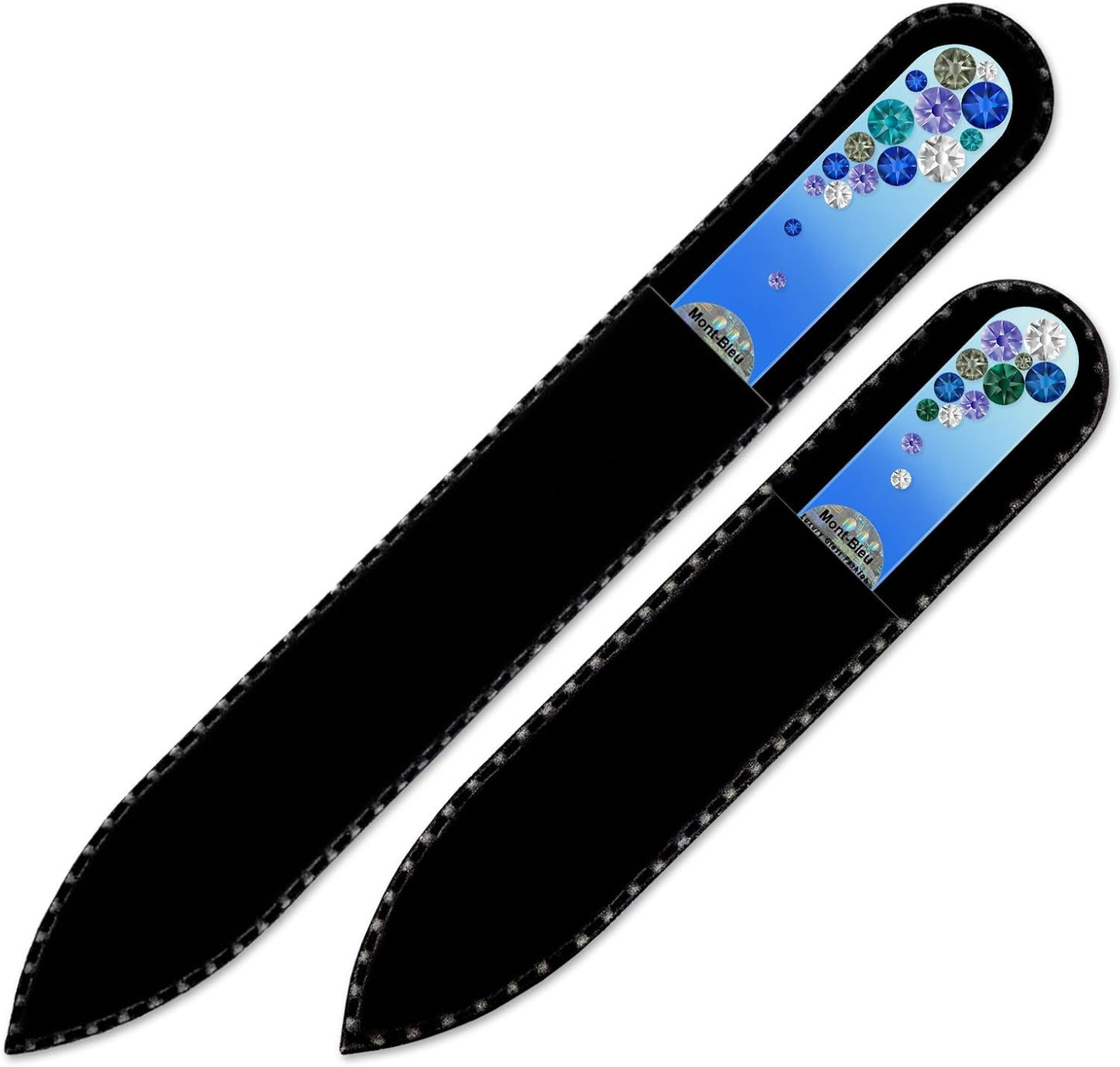 Mont Bleu Crystal Nail Files - Set of 2 Glass Nail Files Hand Decorated with Crystals - Handmade - Czech Tempered Glass - Premium Fingernail File for Natural Nails