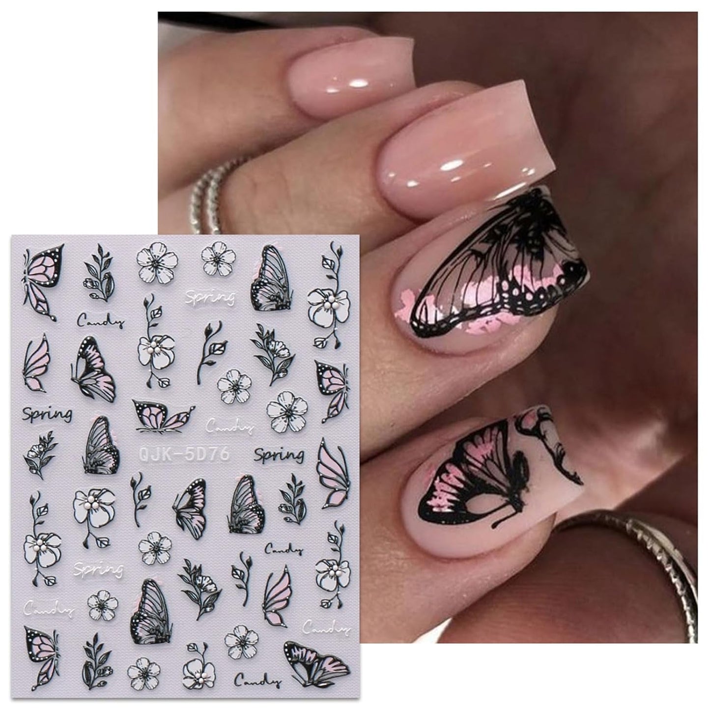 JMEOWIO 6 Sheets 3D Embossed Spring Flower Nail Art Stickers Decals Self-Adhesive Pegatinas Uñas 5D Colorful Summer Leaf Floral Nail Supplies Nail Art Design Decoration Accessories