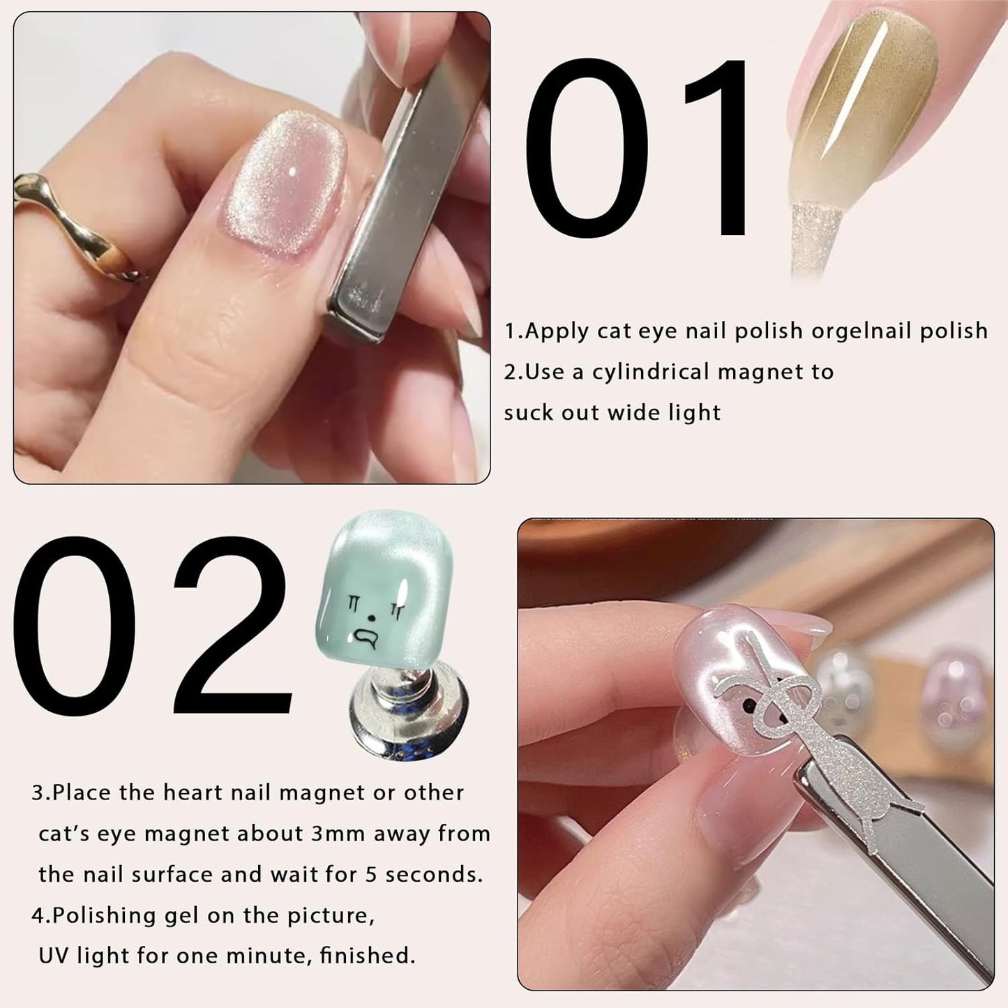 JERCLITY 2 Pieces Cat Eye Magnet for Nails Double Ended Rectangle Magnets with 4 Rabbit Shape Iron Plate for Rabbit Cat Eye Effect