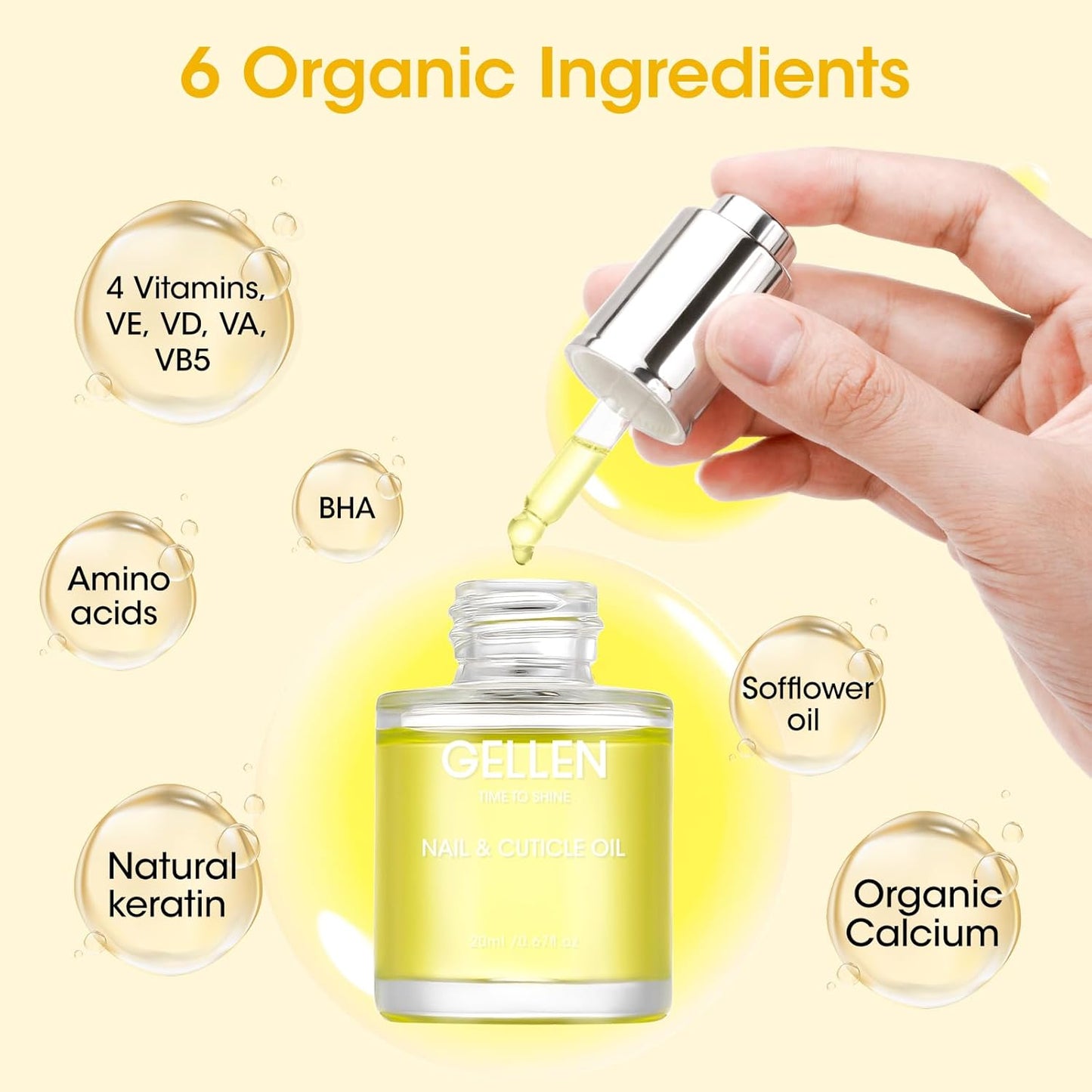 GELLEN Nail Growth Oil, Nail and Cuticle Oil for Growth and Strength, Vitamin E Natural Keratin Cuticle Nails Serum for Hydrating, Nourishing, Strengthening, Repairing, 0.68 Oz