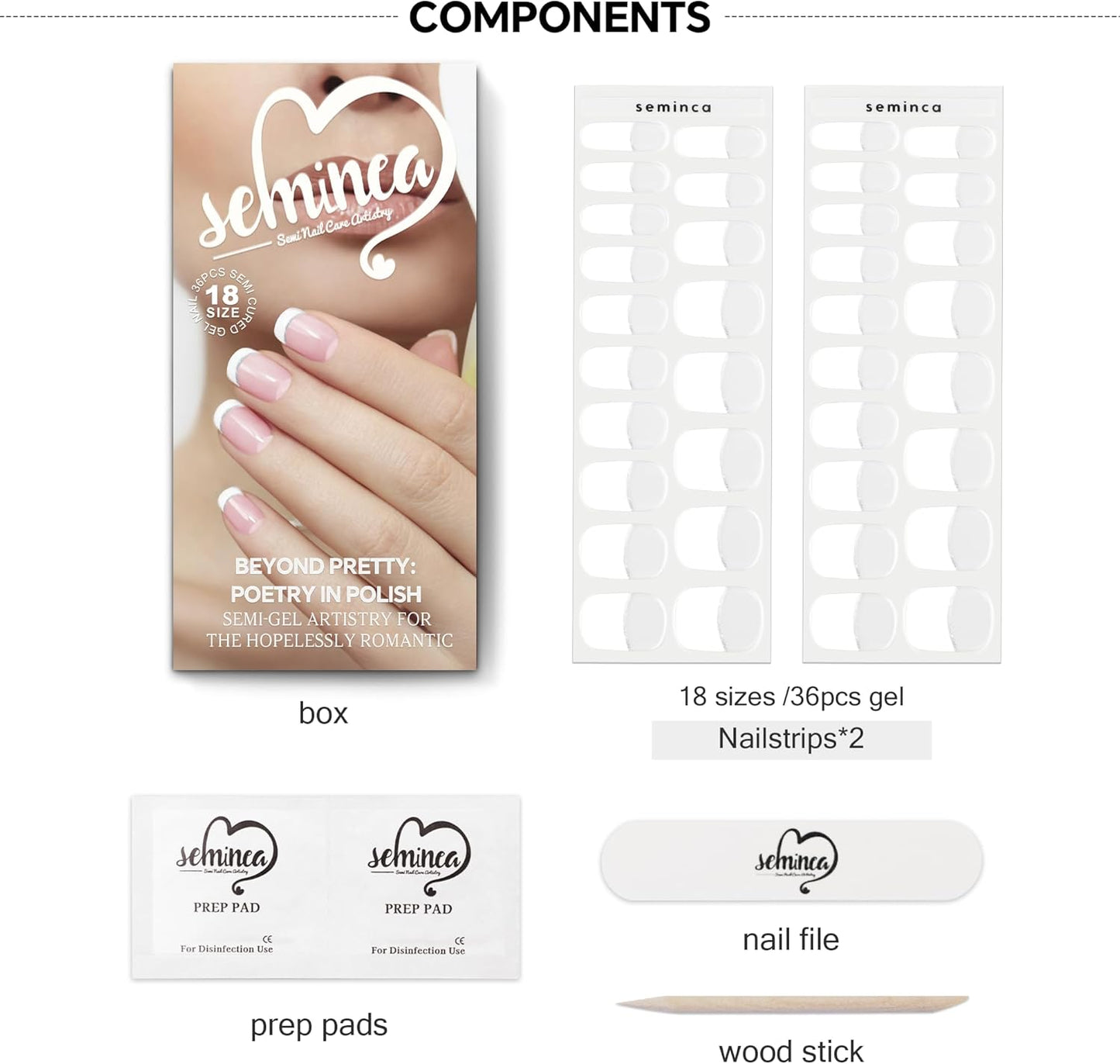 Semi Cured Gel Nail Strips-Bridal Semi-Gel Nail Stickers Wedding French Tip Press Ons,Tear Proof for Big Day,Reusable & Easy Apply Works with Any UV/LED Lamps(Romantic French White)