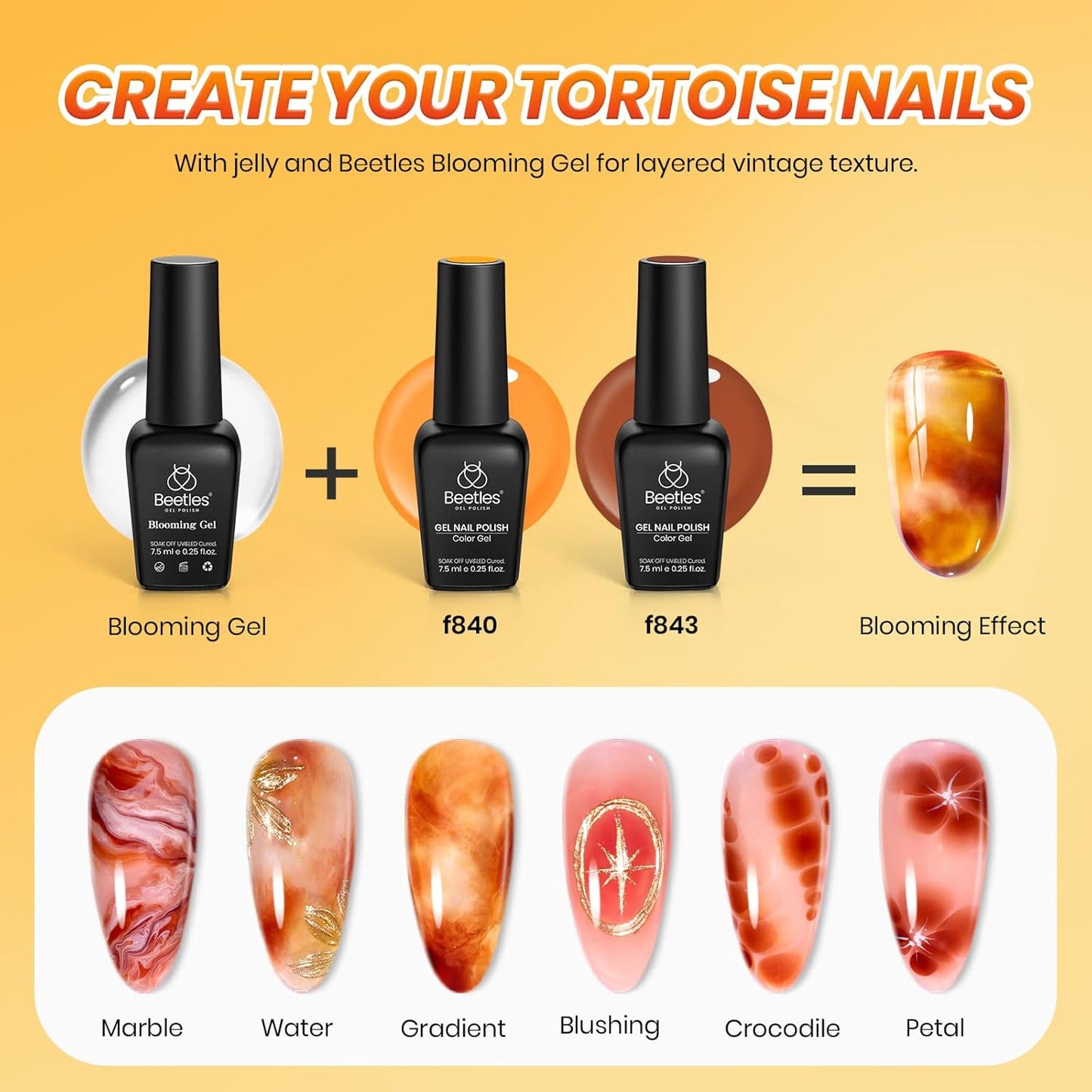 Beetles Fall Gel Nail Polish Set – Amber Chic Jelly Gel Polish with Blooming Gel for Marble Effects, 6 Colors Yellow Red Brown Gray Translucent Soak Off UV LED Autumn Nail Art