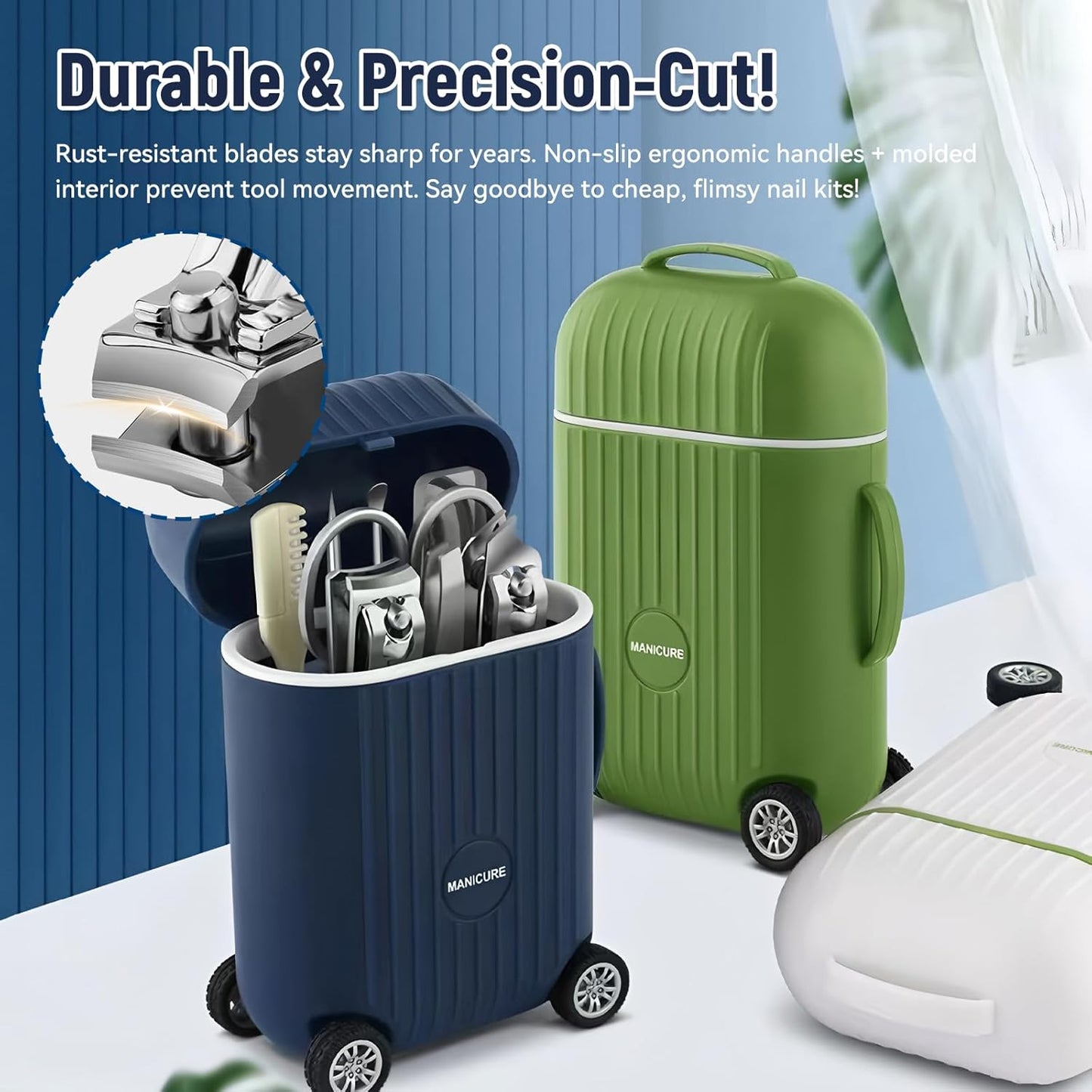 Travel Luggage Style Manicure Set, 6-in-1 Nail Care Kit with Stainless Steel Tools, Compact Design (Navy Blue)