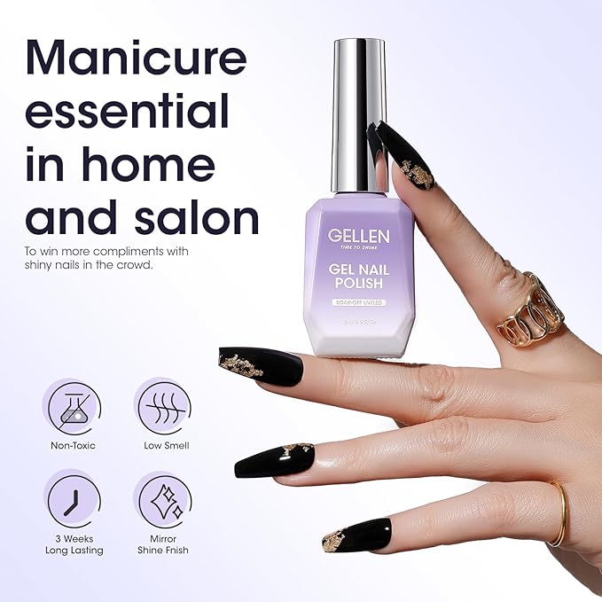 Gellen Black Gel Nail Polish, 18ml Soak Off High Glossy Pure Black Gel Polish for Nails, Need Cured Under UV light for Salon at Home DIY