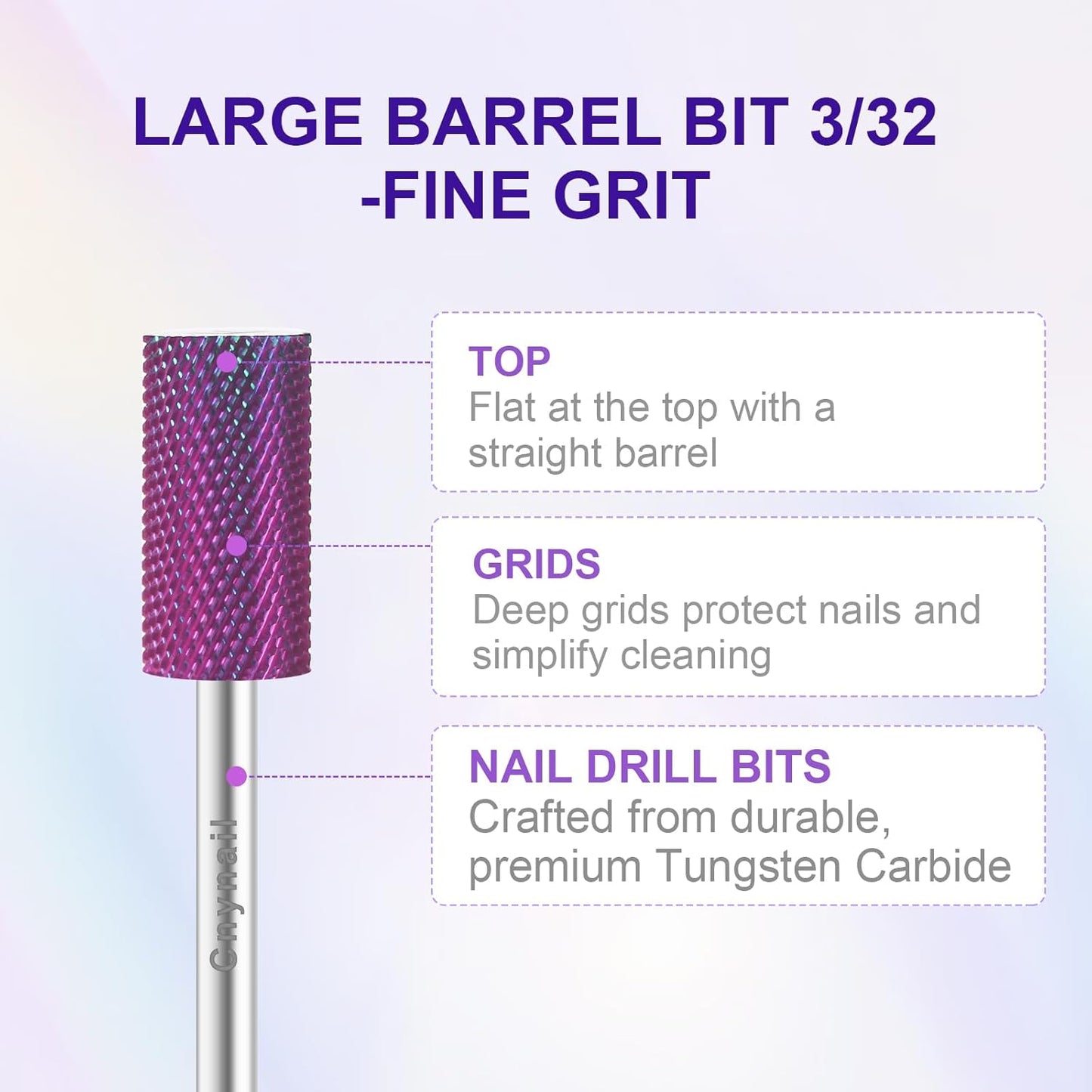 3/32" Large Barrel Bit Tungsten Carbide Nail Drill Bit Safety Bit for Gel & Acrylic Removal, 2- Way Rotating Efile Tip, Salon Electric File Accessory (F Girt, Purple)