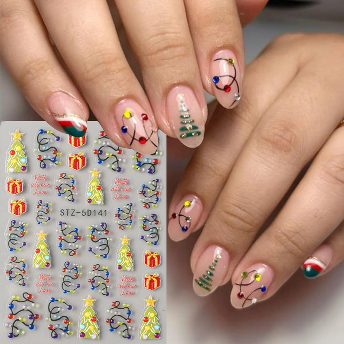 Christmas Nail Art Stickers 5D Embossed Colorful Light Nail Decals 2PCS Xmas Tree String Light Gift Box Self-Adhesive Xmas Nails Design Nail Art Supplies Stickers for Women Manicure Decorations