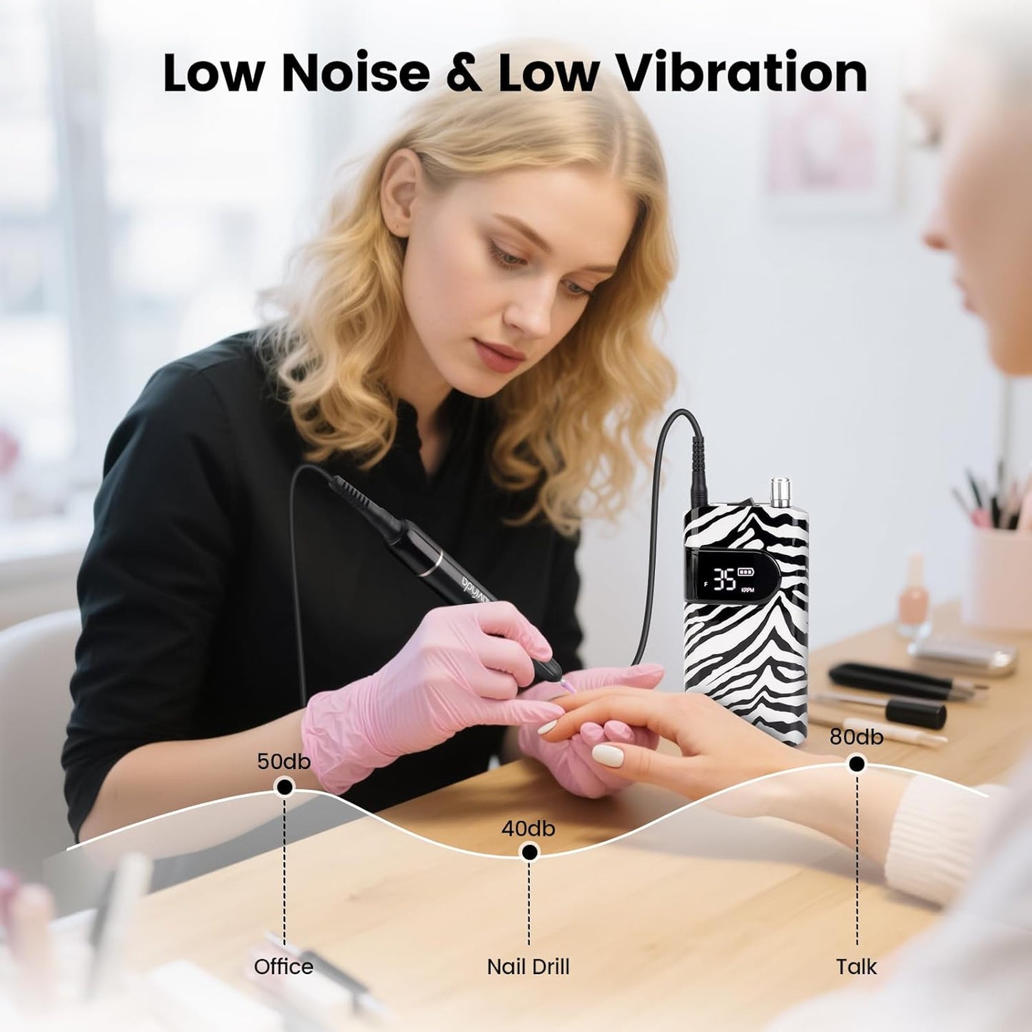 Lavinda 35000RPM Electric Nail Drill, Cordless Nail Drill Machine Portable Rechargeable Nail Efile for Acrylic Gel Nails, Manicure Pedicure Polishing Shaping Tool for Salon Home Use-Zebra Pattern