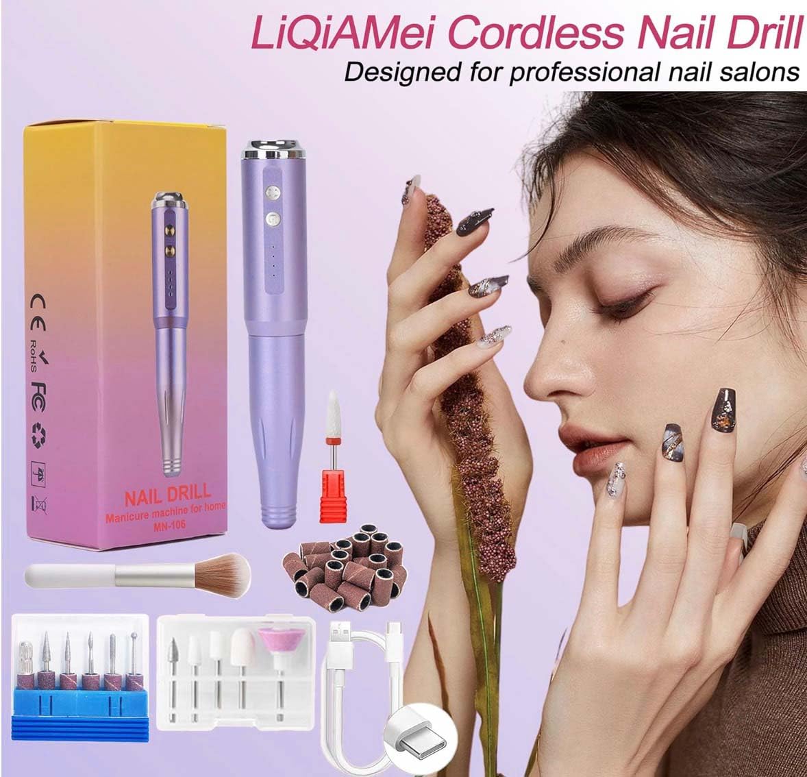 Nail Drill and Dremel - 14-in-1 Portable USB-Powered Nail Care Set with 20000RPM Speed for Gel, Dip Powder, Manicure, Pedicure, Shaping & Polishing, in Elegant (Violet)