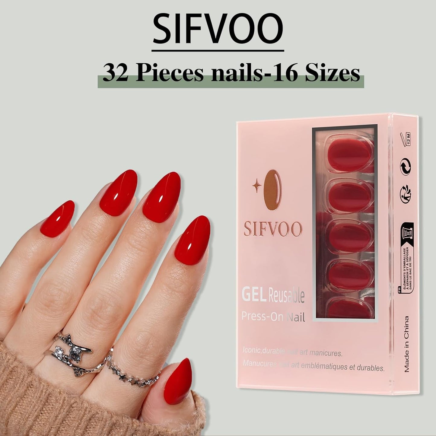 Press on Nails, Short Red Press on Nails Almond Reusable Glossy Red Nails Soft Gel False Nails Press ons for Women, 16 Sizes 32 Count Nails Kit with Glue (SV-03)