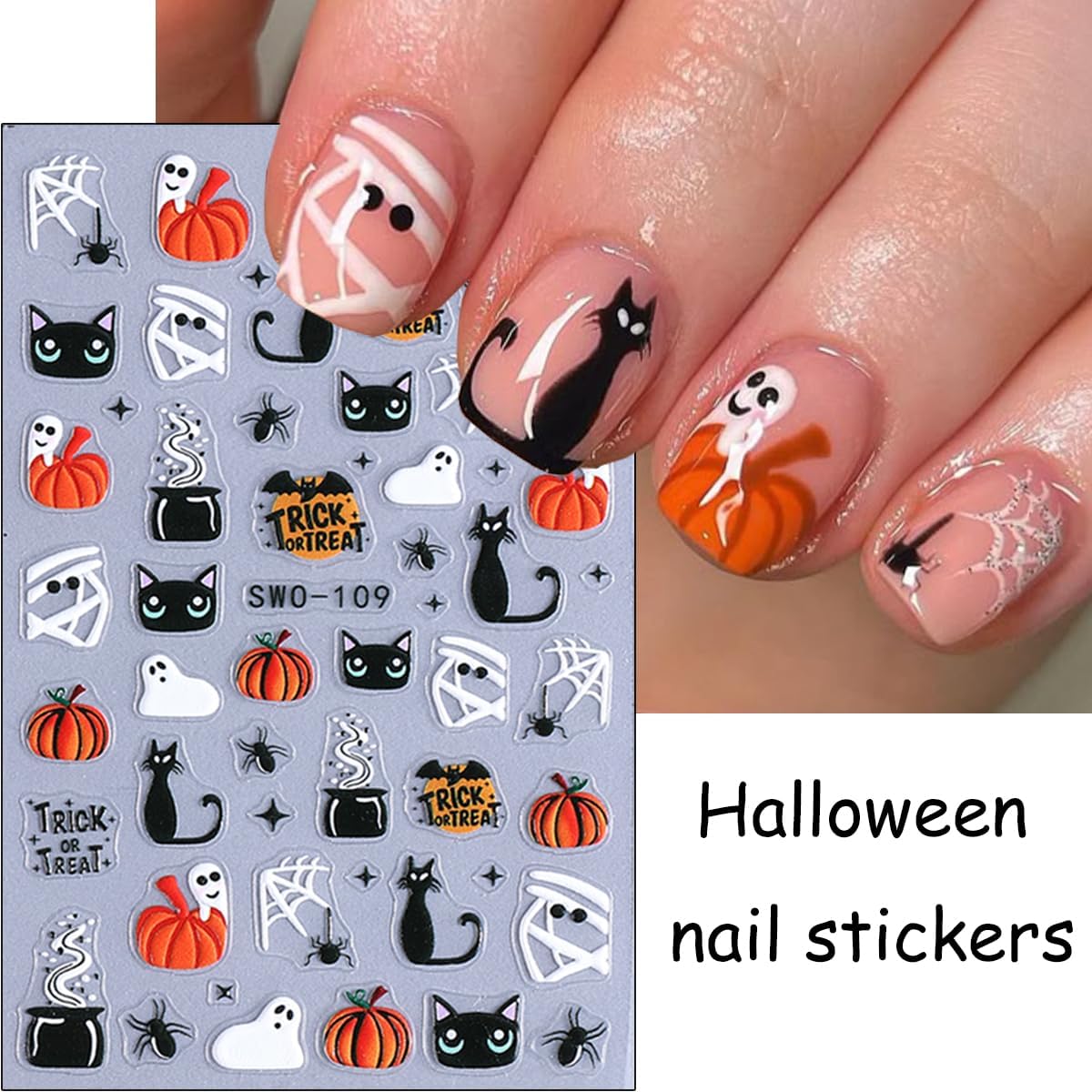 8 Sheets Halloween Nail Art Stickers Decals 3D Self-Adhesive Horror Ghost Spider Web Spider Pumpkin Hand Bone Skull Black Cat Nail Stickers Cute Halloween Nail Decals for Women Party Nails Supplies