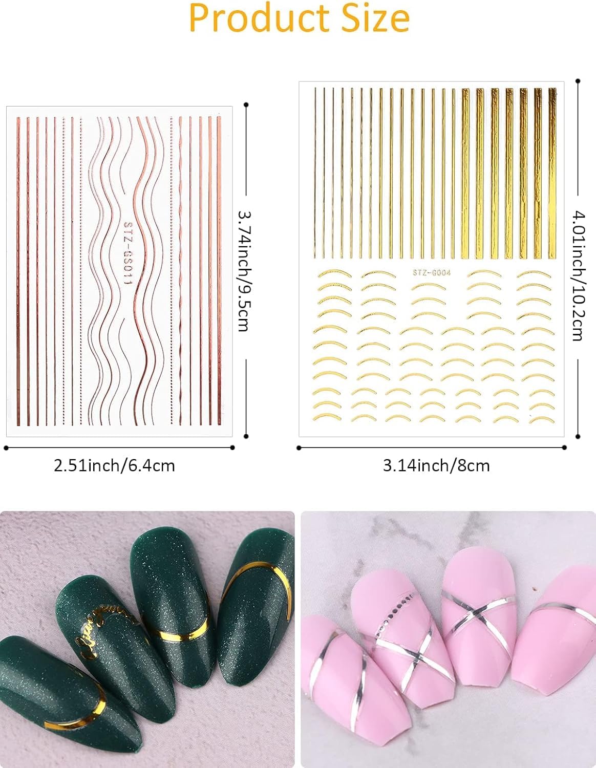 EBANKU 12 Sheets Gold Silver Metal Nail Stickers, Metallic Curve Strip Line Nail Decal Self-Adhesive 3D Wave Design DIY Decoration for Women Girls