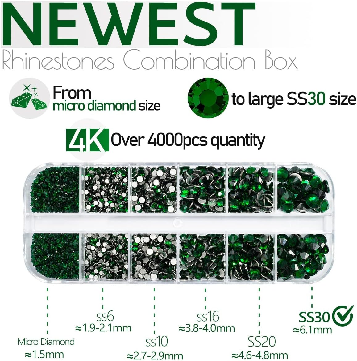 4010pcs Green Nail Art Rhinestones Kit, qiipii Round Glass Emerald Flatback Crystal Stones Nail Charms 6 Sizes (1.6-6.1 mm) Up to SS30 Nail Gems w Pick up Tweezer Pen for Nail Crafts Face Eyes Makeup