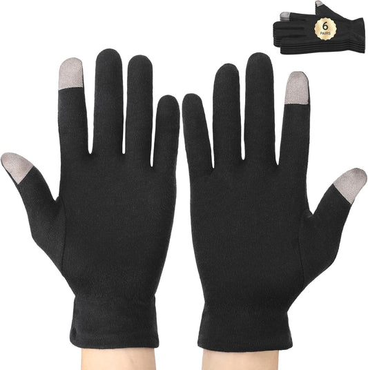 Segbeauty 12 Counts Touchscreen Black Cotton Gloves Black with Elastic Band, 6 Pair Touch Screen Hand Moisturizing Cotton Gloves for Dry Hands Sleeping Overnignt, Reusable Hand Care Spa Moisture Glove