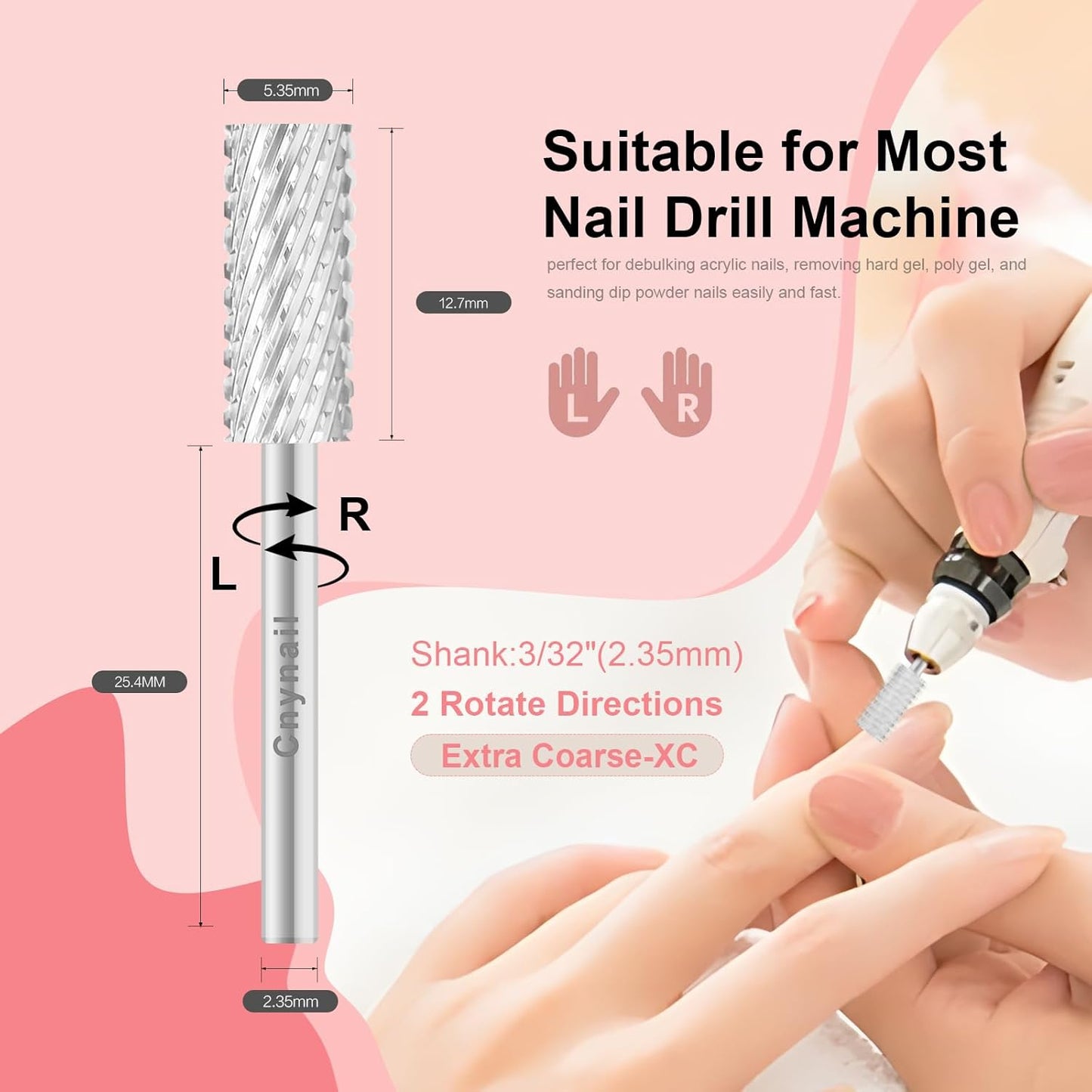 3/32" 5.35MM Small Barrel Flat Top Bit Tungsten Carbide Nail Drill Bit Safety Bit for Gel & Acrylic Removal, 2-Way Rotating Efile Tip, Salon Electric File Accessory (XC Grit, Silver)