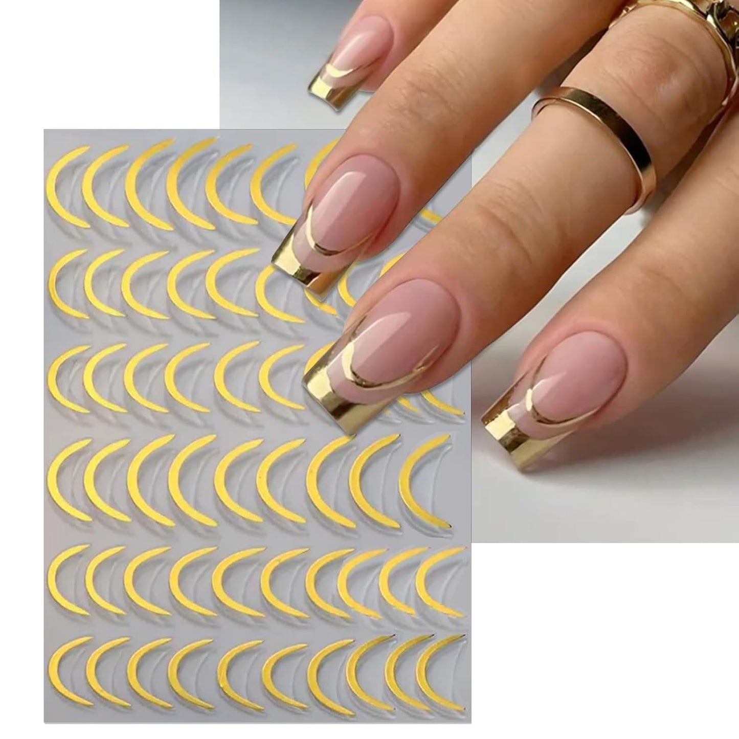 Rhinestone Studded French Line Nail Art Stickers - Shiny Gold Self-Adhesive Multiple Thicknesses and Radians Stripes, Curved Stripes Nail Decals, French Tips Guides for DIY Manicure (5 Sheets)