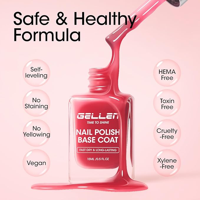 GELLEN 4‑in‑1 Clear Nail Polish Base Coat Sheer Tinted Red, Ridge Filler, Nail Strengthener & Concealer, Calcium Formula Strengthen Nails, Natural Color Enhance Natural Look, HEMA Free, Anti Yellow