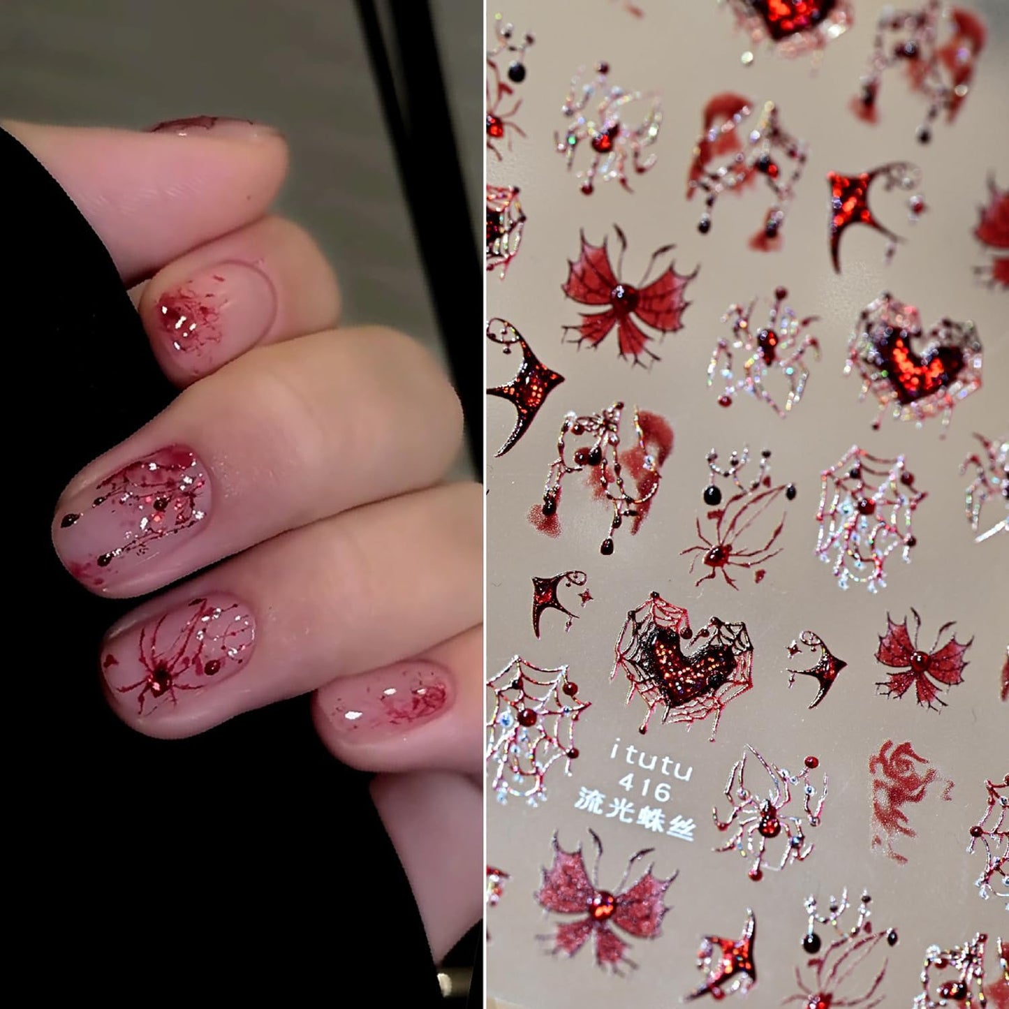 1 Sheets Halloween Nail Stickers for Nail Art 5D Self-Adhesive Embossed Spider Web Nail Art Stickers with Glitter Red Spider Butterfly Heart Bat Nail Decals Halloween Nail Design Sticker for Women