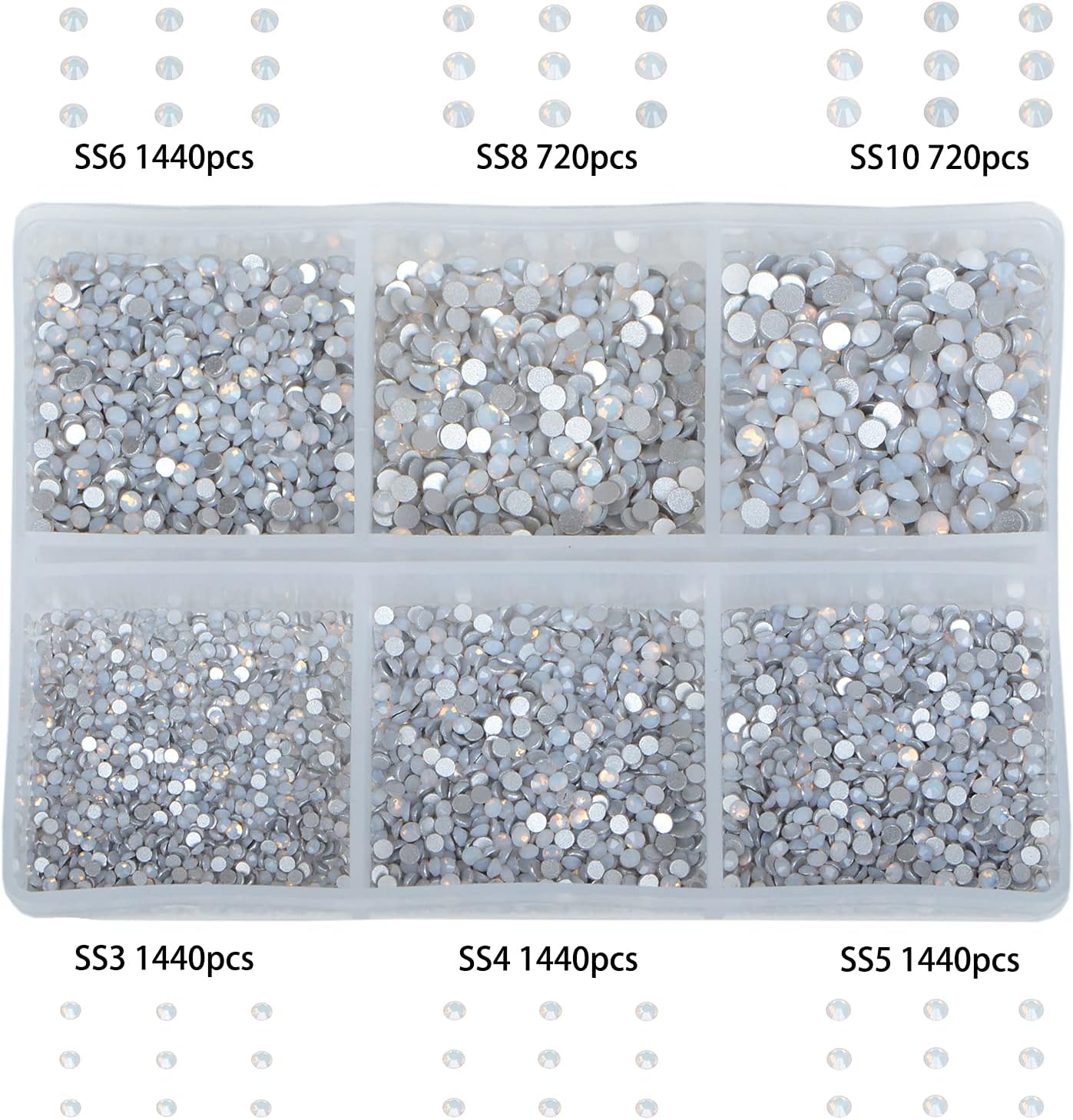Bymitel 7200 Pieces 6 Mixed Sizes Glue Fix on Glass Rhinestones Round Crystal Gems Flatback for DIY Jewelry Making with one Picking Pen(6-Sizes 7200PCS, White Opal)