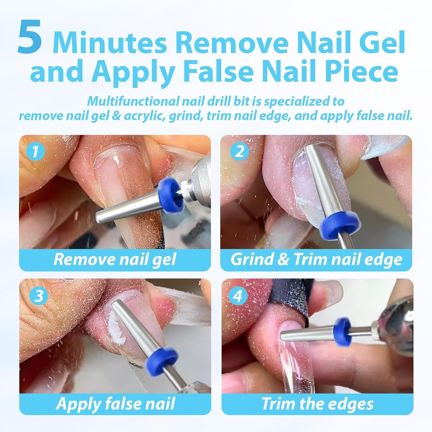 16mm 5 in 1 Nail Drill Bits for False Nail Apply, 3/32'' Tapered Tungsten Carbide Professional Bit, Slender Bit for Corners, Left & Right Hand Use, Manicure Cuticle Gel Polishing, Fine.