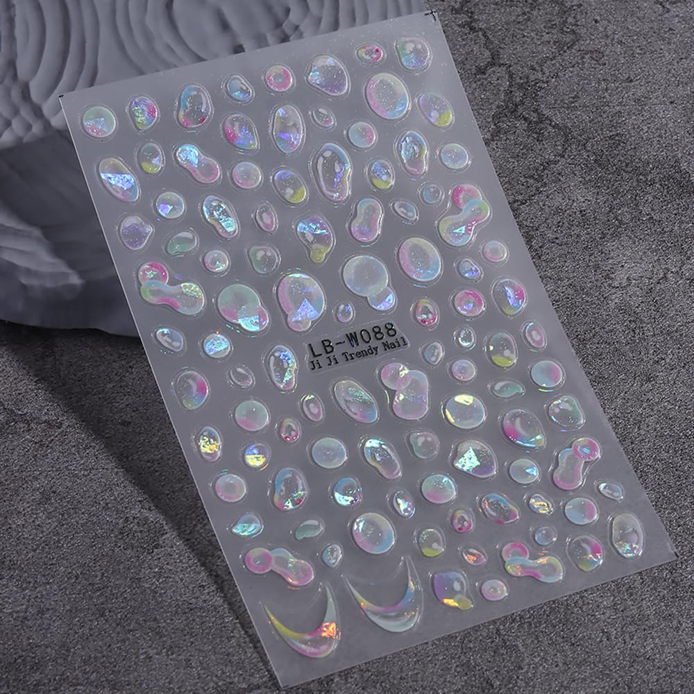 Water Bubble Nail Art Stickers Summer 3D Embossed Bubble Nail Decals 3PCS Colored Shiny Cute Dreamy Bubbles French Tip Design Summer Nails Adhesive Stickers Accessories for Women DIY Nail Decorations