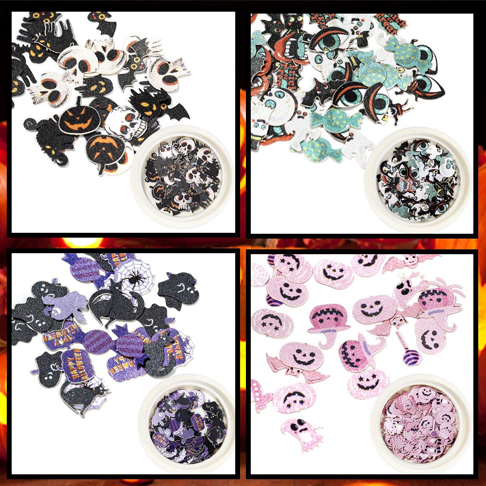 Kalolary 8 Boxes Halloween Nail Art Sequins 3D Nail Art Decals Stickers, Halloween Pumpkin Witch Bat Nail Arts Decals Manicure DIY Decoration Tools