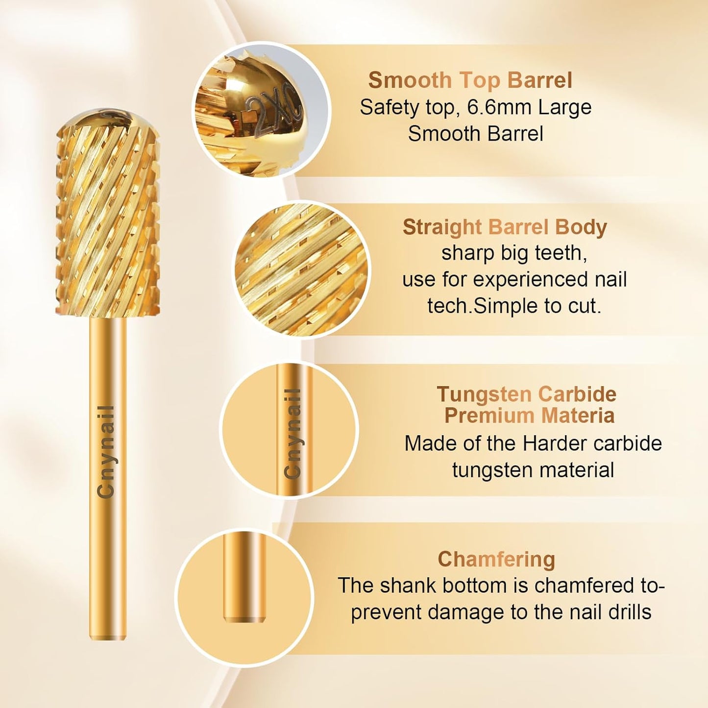 3/32" Large Barrel Smooth Round Top Tungsten Carbide Nail Drill Bit Safety Bit for Gel & Acrylic Removal, 2-Way Rotating Efile Tip, Salon Electric File Accessory (2XC Grit, Gold)