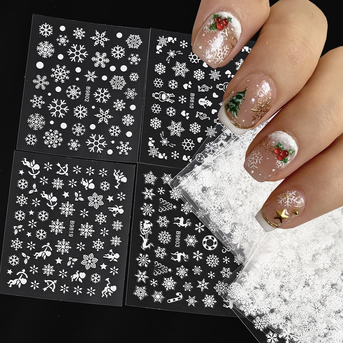 30Sheets Christmas Snowflakes Nail Art Stickers Decals for Kit with White Snowflake Glitter Design 3D Self Adhesive Nail Art Supplies Sticker Winter Xmas Nail Art Decoration Snow Manicure for New Year