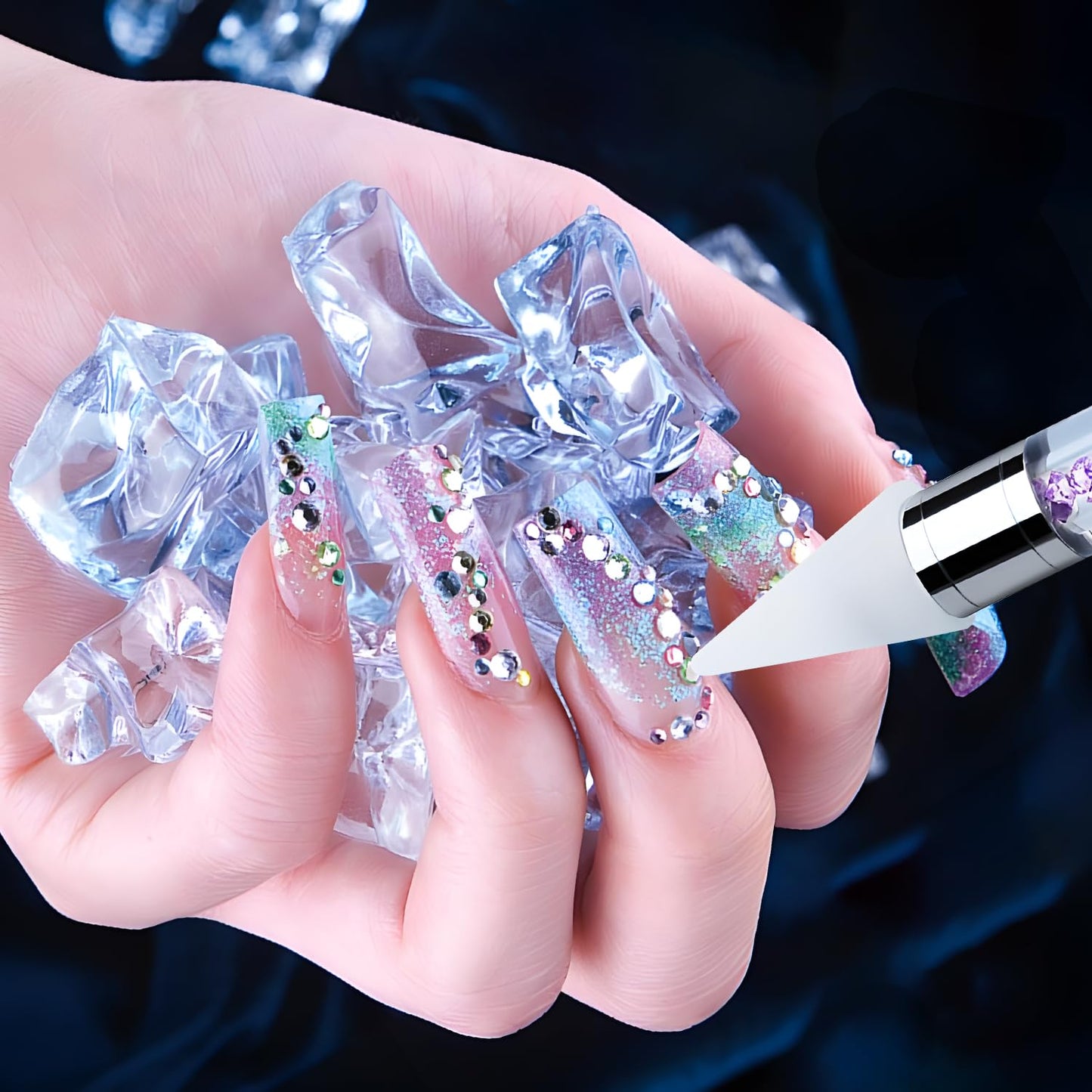 Rhinestone Picker Tool, Dual-ended Rhinestones Applicator Nail Art Design Tool, 2 Pack Acrylic Handle Nail Pen with 4 Extra Wax Tips and1 Tweezer