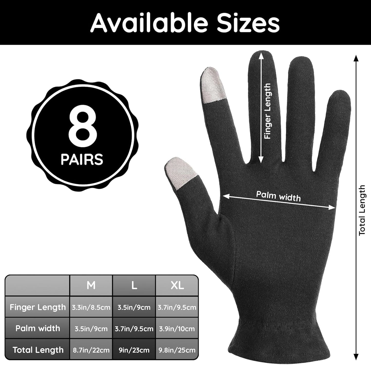 Segbeauty 16 Counts Elastic Black Cotton Gloves with Touchscreen Fingers, 8 Pair Bulk Sleeping Moisturizing Lotion Gloves Overnight for Women with Elastic Band, Hand Care Cotton Work Glove for Working