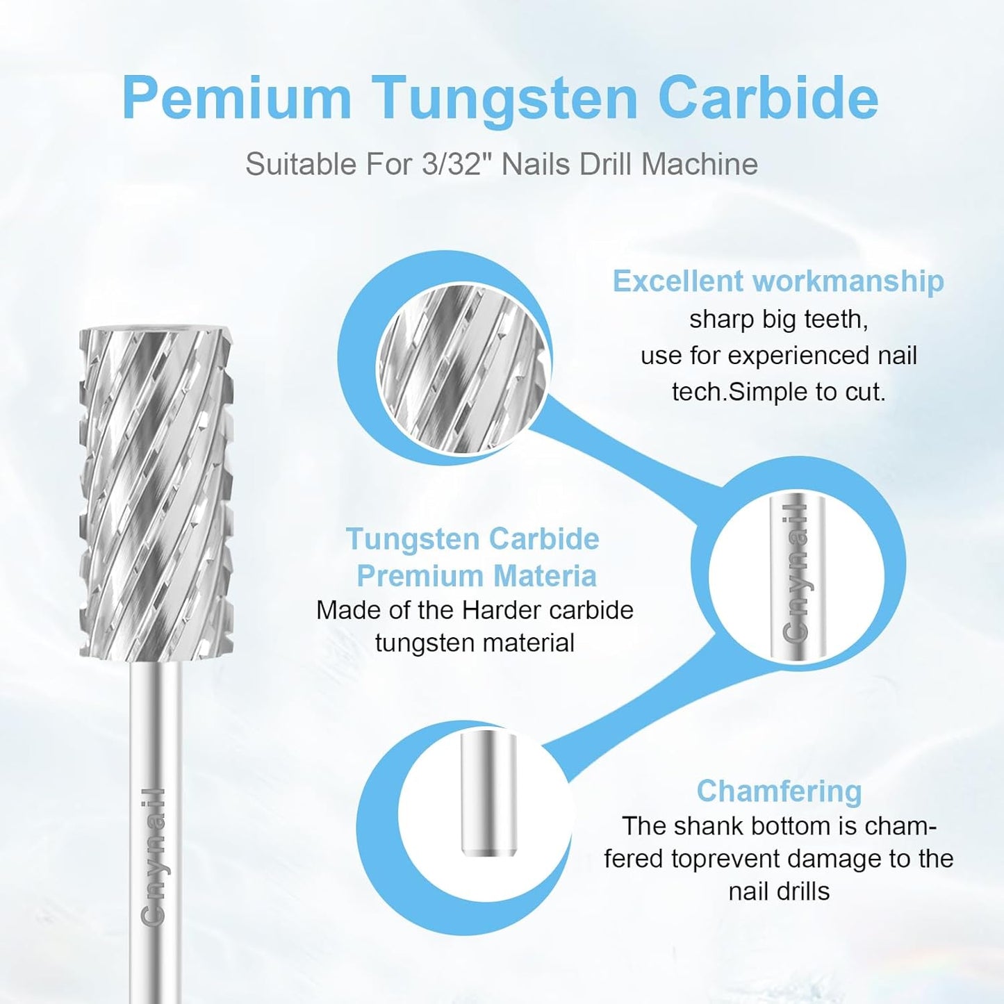 3/32" Large Barrel Bit Tungsten Carbide Nail Drill Bit Safety Bit for Gel & Acrylic Removal, 2- Way Rotating Efile Tip, Salon Electric File Accessory (3XC Girt, Silver)