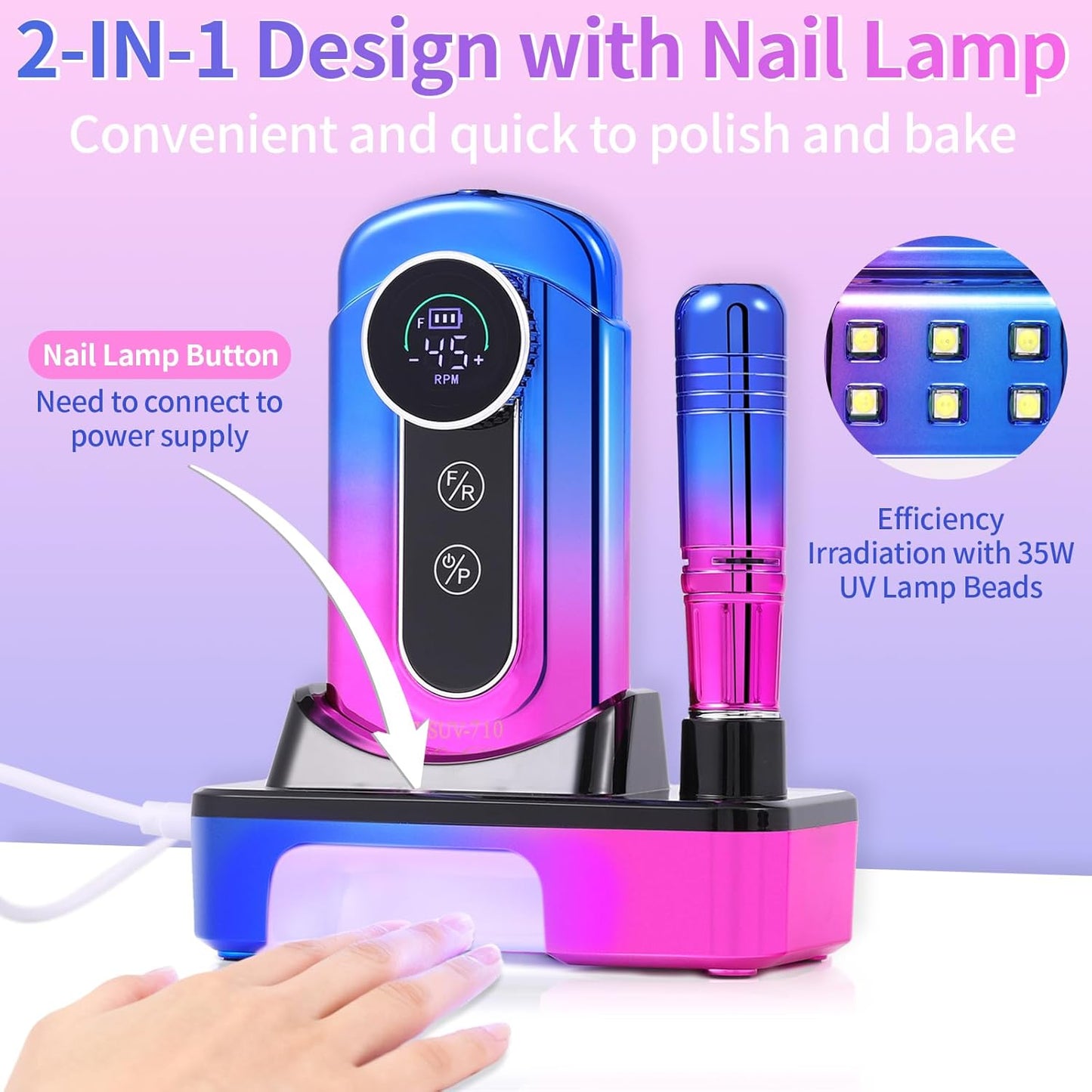 Electric Nail Drill Professional - 45000 RPM Cordless Nail Drill with Rechargeable Stand, Electric Nail File with Nail Lamp, Portable Nail Drills for Acrylic Gel Polishing Removing, Home & Salon Use
