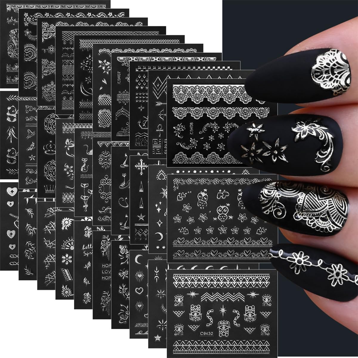 30 Sheets Silver Nail Sticker Silver Lace Nail Art Stickers Silver Retro Flower Star Moon Heart Cat Design 3D Self-Adhesive Nail Sticker Decals Nail Supplies for Women Girls DIY Nail Art Decoratio