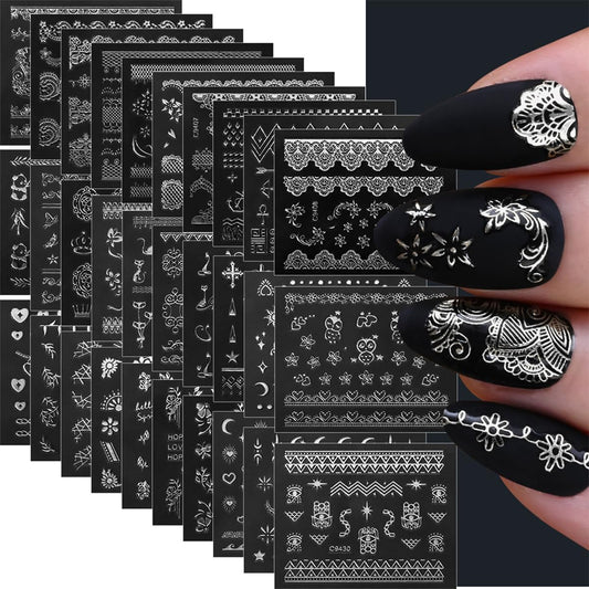 30 Sheets Silver Nail Sticker Silver Lace Nail Art Stickers Silver Retro Flower Star Moon Heart Cat Design 3D Self-Adhesive Nail Sticker Decals Nail Supplies for Women Girls DIY Nail Art Decoratio
