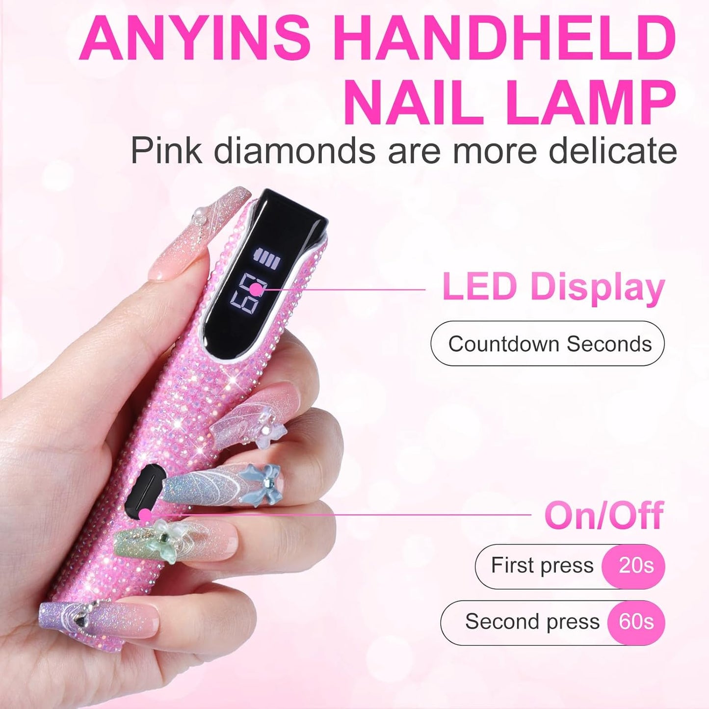 Handheld UV Light for Gel Nails, Pink Diamond Gel Light for Nails Cordless Nail Lamp Rechargeable with Led Display Lamp for Rhinestone Glue Decoration DIY at Home