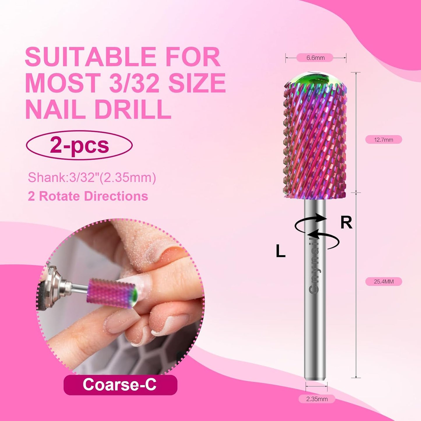 3/32" 2PCS Large Barrel Smooth Round Top Tungsten Carbide Nail Drill Bit Safety Bit for Gel & Acrylic Removal, 2-Way Rotating Efile Tip, Salon Electric File Accessory (C Grit, Multicolor)