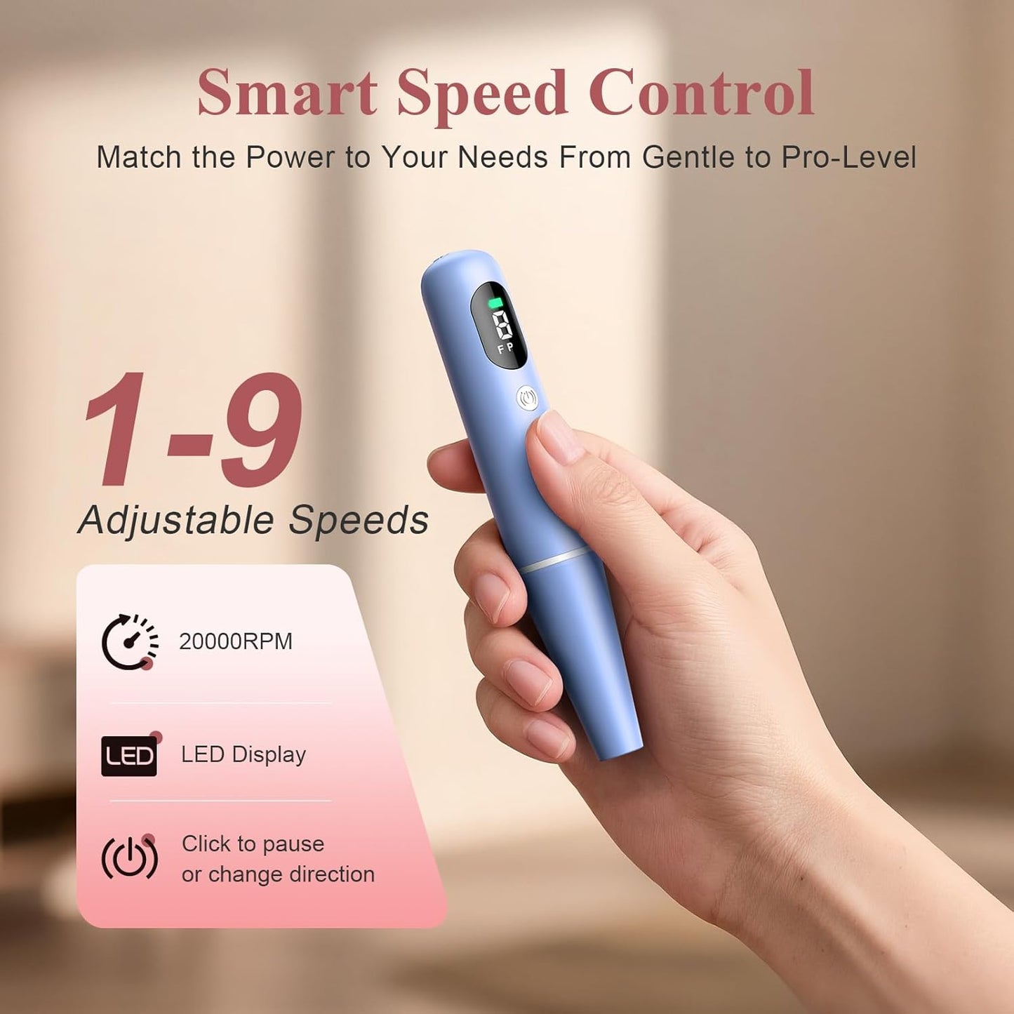 Cordless Nail Drill Kit - 9 Speed Wireless Electric Nail File with LED Display, Portable Nail Drill Machine for Acrylic Gel Nails, Rechargeable 20000RPM Hand Feet Grind Trim Tool for Women Men Baby
