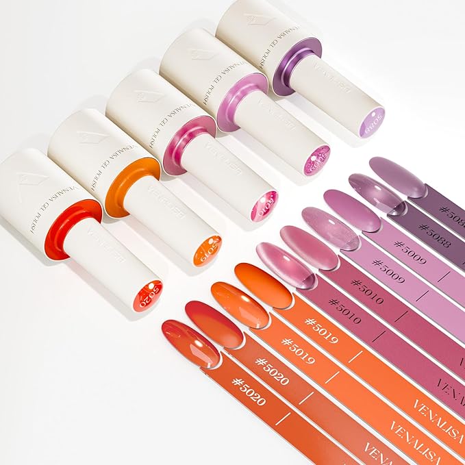 VENALISA 10 ML Orange Pink Gel Nail Polish Set with DIY Nail tips Kit, 5 Pcs Glitter Gel Polish Color High Gloss Soak Off U V Nail Manicure Salon DIY