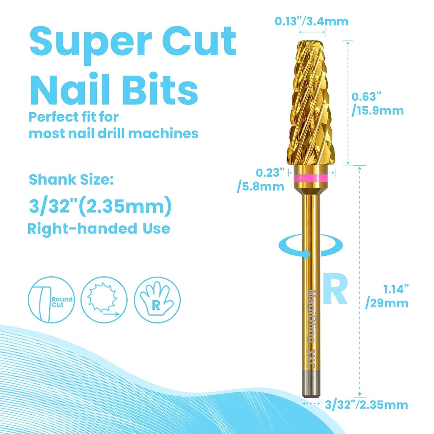 Super Cut 5 In 1 Nail Drill Bits，Tapered 3/32'' Safety Tungsten Bits, Upward Cut for Hard Gel Removal, Right Hand Use, Manicure Cuticle Gel Polishing, Technicians Bits, Gold, Triple Coarse.