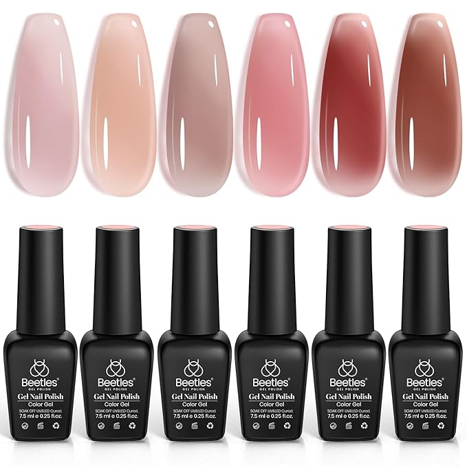 Beetles Jelly Gel Nail Polish Set, 6 Colors Nude Sheer Natural Pink Red Brown Gel Nail Polish Kit for DIY Nail Art Salon Home Gift For Women Girls