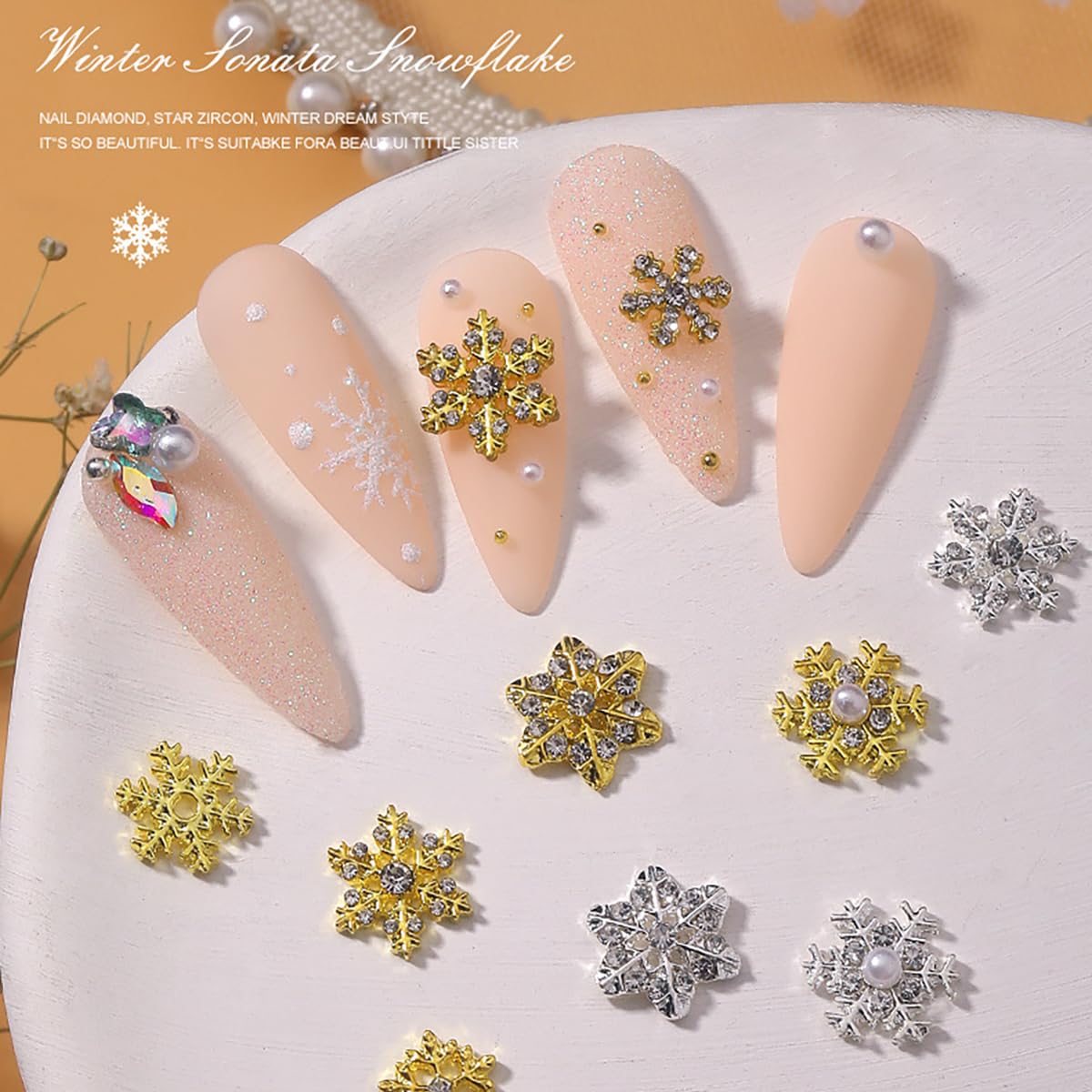 Christmas Nail Charms Supply 20pcs Gold Silver Mix Snowflake Art Charms With Diamond Design Winter Xmas Snowflakes Jewelry for Women Girls DIY Manicure Tips Christmas Nails Decoration