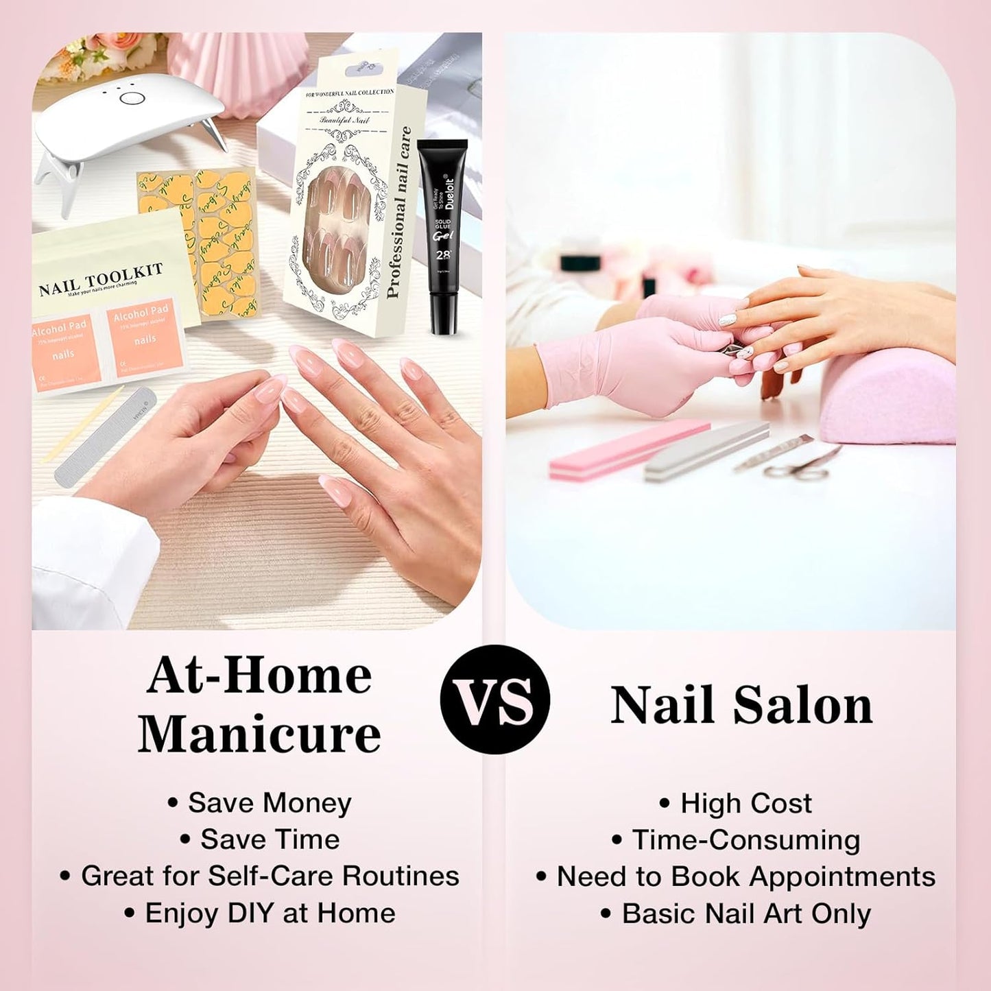 16-size Pink French Almond-Shaped Press-On Nails Kit with Portable 12W LED Nail Lamp, and Tool Set—Ultimate Combo for Enhanced Durability and Longevity.