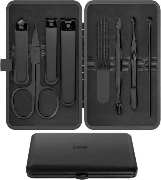 Precision 8 Pieces Men’s Nail Grooming Travel Kit, Stainless Steel Manicure Set with Fingernail & Toenail Clippers, Nail File, Slant Tip Tweezers, Cuticle Scissors, Cuticle Pusher, Travel Case