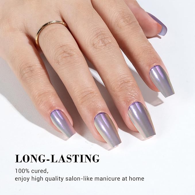 MelodySusie 30PCS Semi Cured Gel Nail Strips (Purple Chrome), Works with Nail lamp, Salon Quality, Long Lasting, Easy to Apply and Remove, Includes 2 Prep Pads, Nail File and Wooden Stick