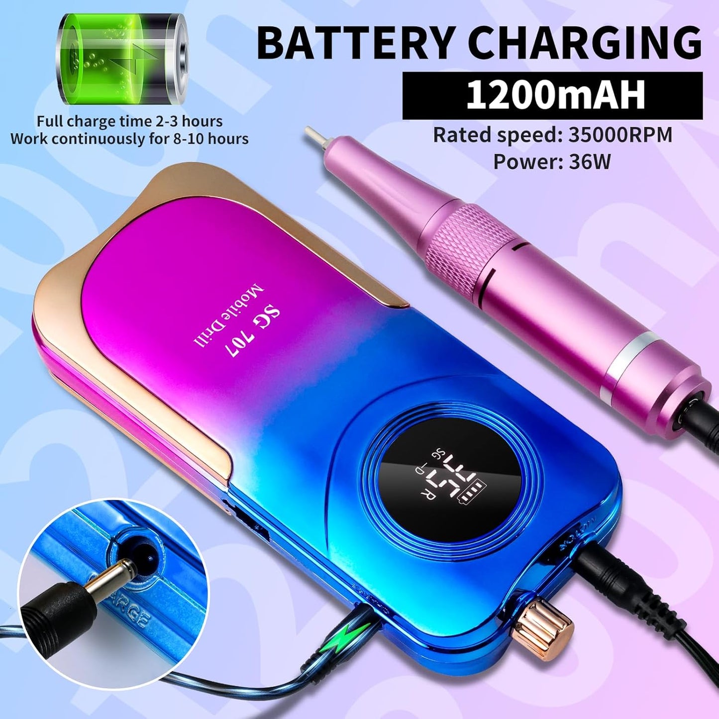 Professional Electric Nail Drill Kit 35000RPM with 14PCS Bits Purple Blue Portable Rechargeable Cordless File Machine for Acrylic Gel Powder Nails and Manicure Pedicure Toenail Tool Salon Set