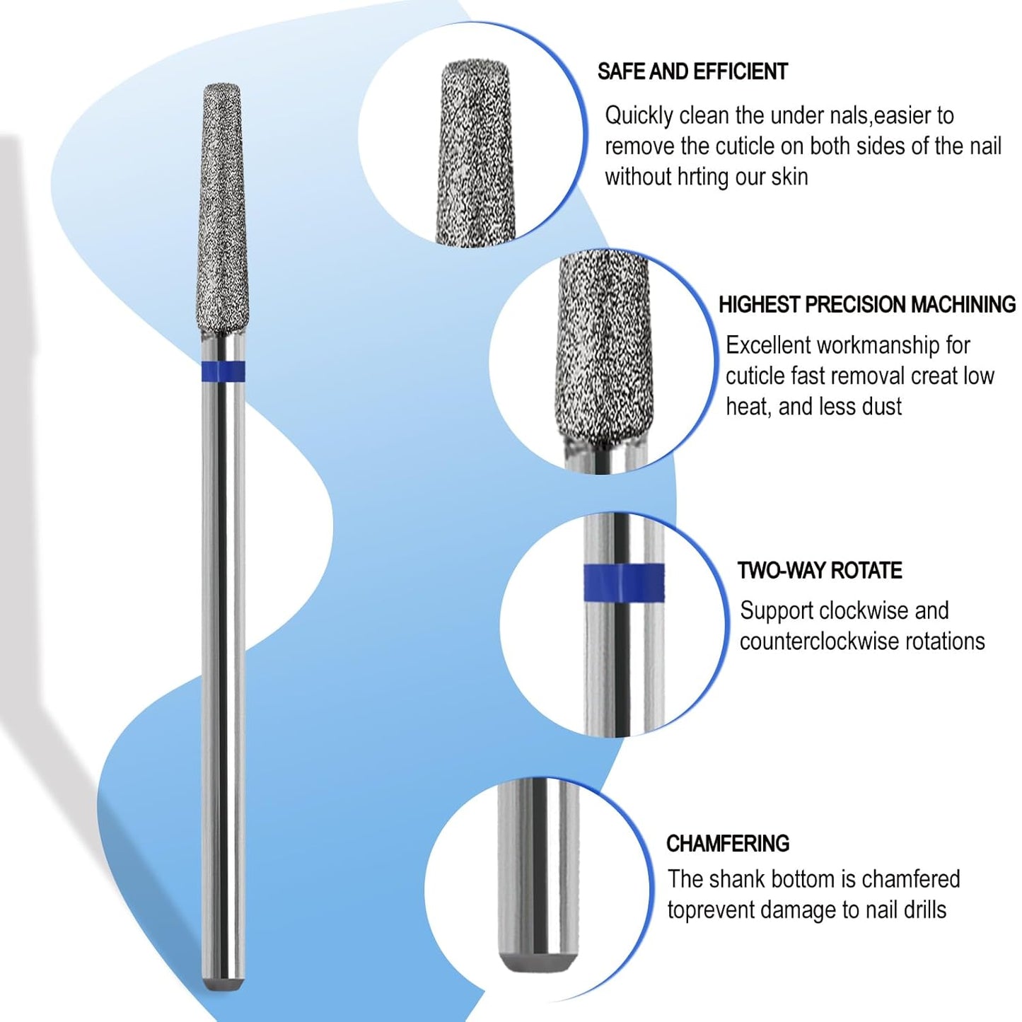 Cuticle Nail Drill Bit, 3/32'' Professional Safety Diamond Under Nail Cleaner for Cuticle Dead Skin Nail Prepare, Beginners Bits, Experienced Tech,Cone Shape (Medium)