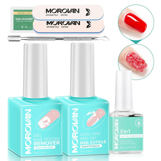 Morovan Gel Nail Polish Remover Kit: Gel Polish Remover with Liquid Latex Tape Nail Strengthener Nail Tools Quick Remove Gel Nail Polish in 3-5 Minutes No Need to Warp & Soak