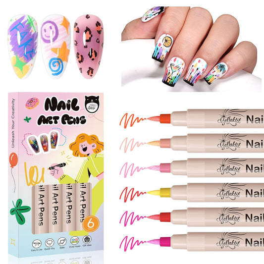6 Colors Nail Art Pens, 3D Nail Polish Pens Set 0.7mm Quick-Drying Acrylic Paint Markers Dotting Liner Drawing Pens for Nail Design, DIY Home Salon Manicure Tools Halloween Beginners Gifts
