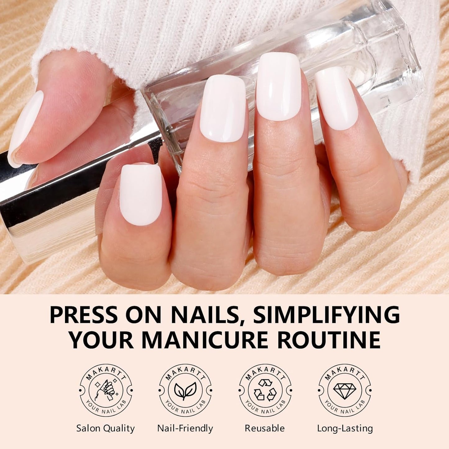 Makartt Press on Nails Kit: Short Classic Monochrome Coffin Tips in 6 Styles 144PCS, Natural Fit with Adhesive Tabs, Nail Glue, and File, Manicure Set for Home Salon