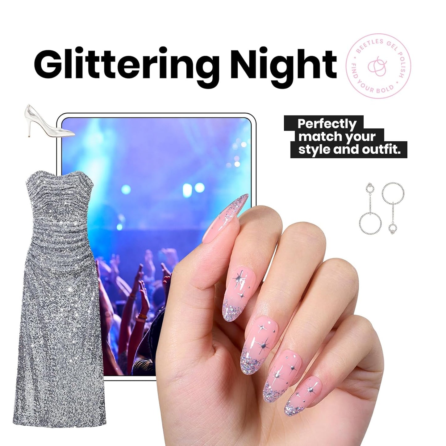 Beetles Silver Glitter Nail Polish, 1Pcs 15ml Silver Color Sparkle Nail Polish Quick Dry, Holographic Nail Lacquer Art Effect for Nail Salon DIY at Home, Nail Art Design for Women