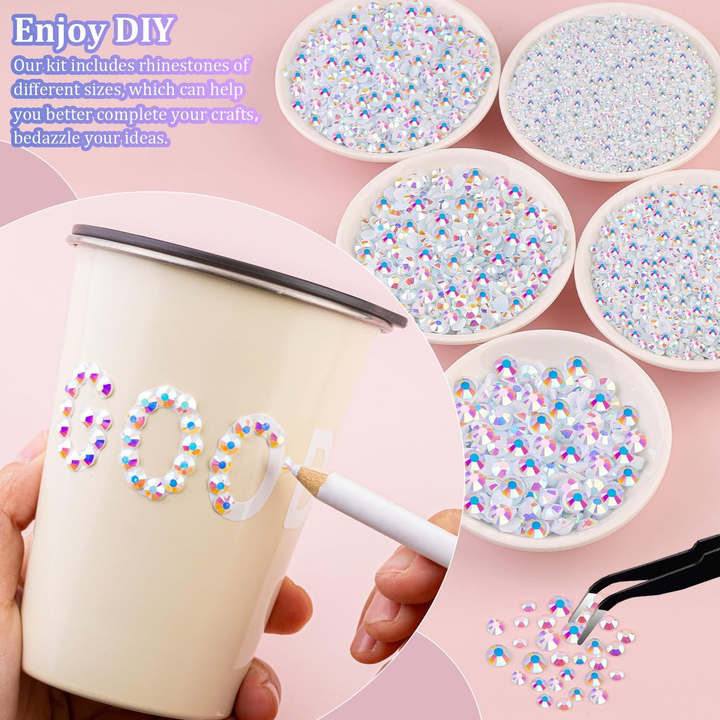 30000Pcs Resin Rhinestones for Bedazzling with Tweezers, White AB Rhinestones for Crafting with B7000 Jewelry Glue for DIY Crafts Clothing Tumblers Shoes Fabric Nail Art